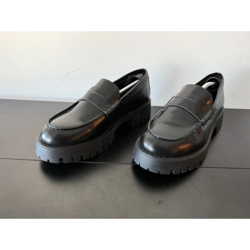 Steve Madden Langsten Black Leather Lug Sole Penny Loafers Women 10